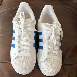 adidas White Sneakers with Blue Stripes